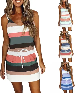 Womens Sexy Spaghetti Straps Sun Dress Elastic Waist Sleeveless Mini Dresses Casual Summer Beach Boho Dress w/Pockets