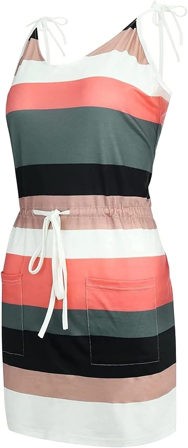 Womens Sexy Spaghetti Straps Sun Dress Elastic Waist Sleeveless Mini Dresses Casual Summer Beach Boho Dress w/Pockets