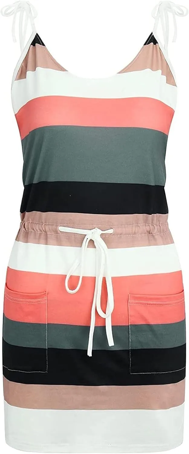 Womens Sexy Spaghetti Straps Sun Dress Elastic Waist Sleeveless Mini Dresses Casual Summer Beach Boho Dress w/Pockets