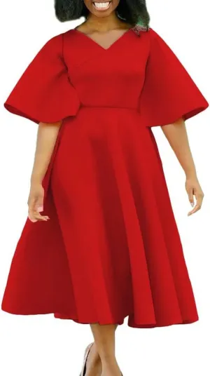 Women's Short Sleeve Asymmetrical Ruffles High Waist Pleated Hem Midi Spring Dress