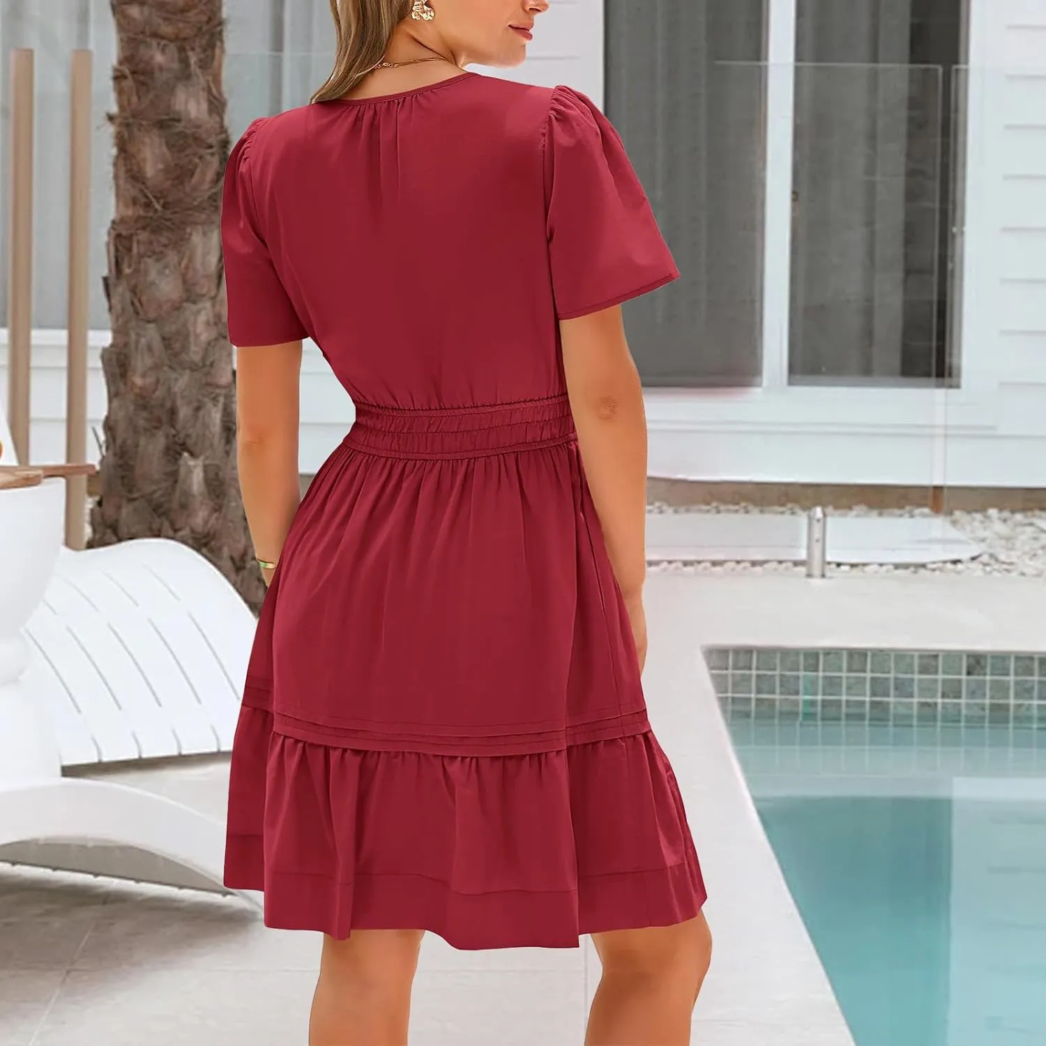 Womens Short Sleeve Dresses V Neck Smocked Waist A-Line Tiered Mini Dress Summer Flowy Boho Vacation Beach Sundress