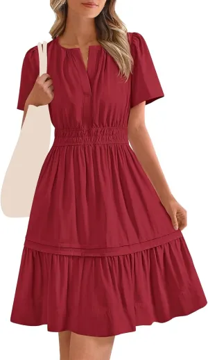 Womens Short Sleeve Dresses V Neck Smocked Waist A-Line Tiered Mini Dress Summer Flowy Boho Vacation Beach Sundress