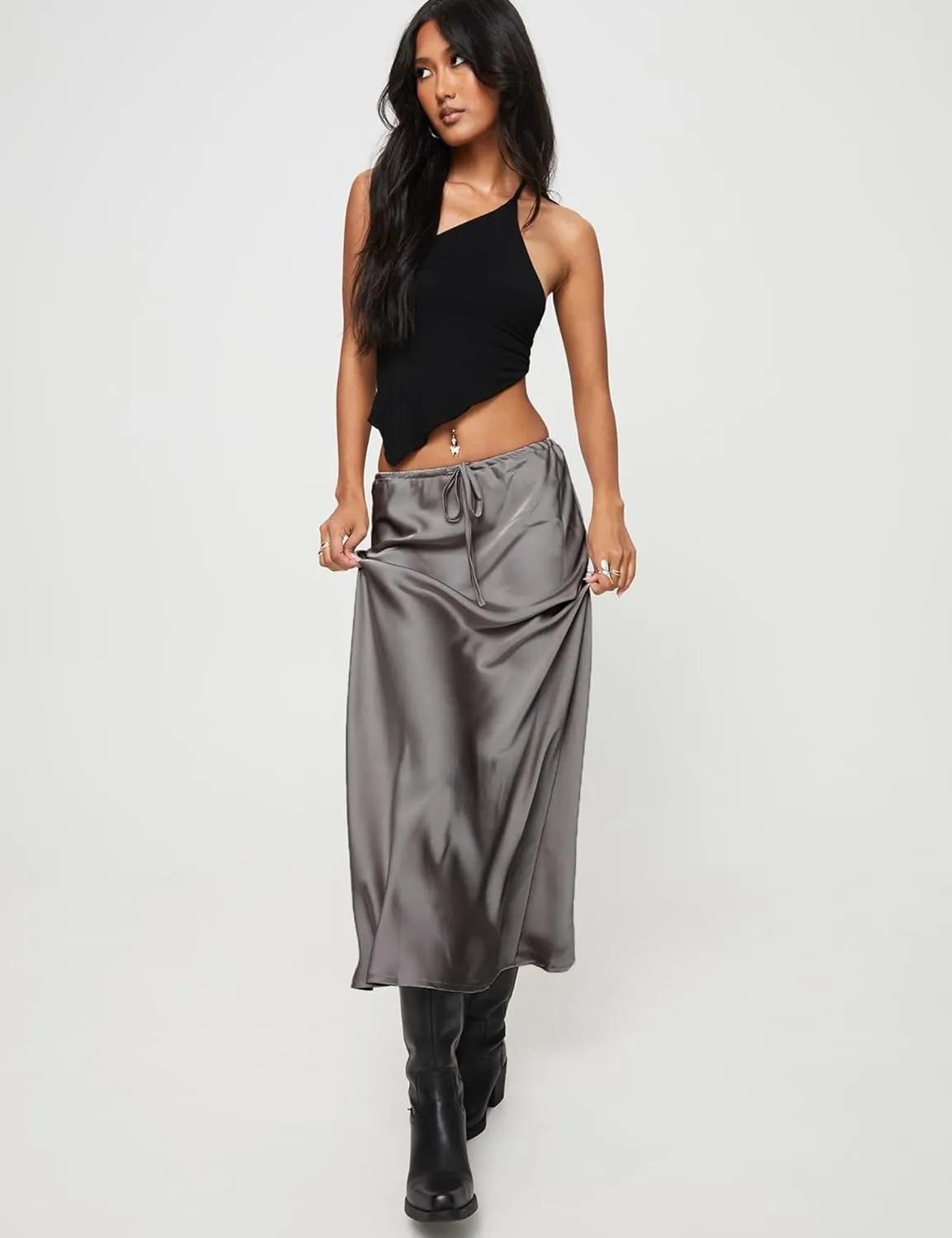 Womens Silk Satin Maxi Skirts Drawstring Flared Casual Elegant Work Skirts A-Line Long Skirt for Women
