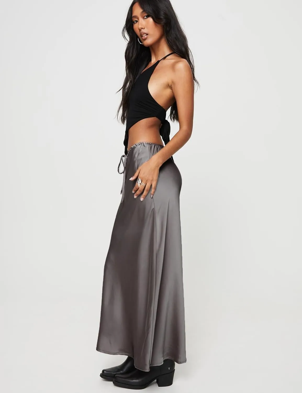 Womens Silk Satin Maxi Skirts Drawstring Flared Casual Elegant Work Skirts A-Line Long Skirt for Women