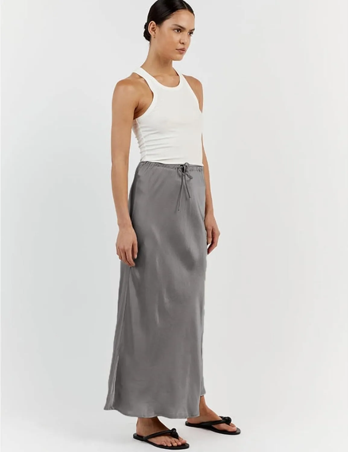 Womens Silk Satin Maxi Skirts Drawstring Flared Casual Elegant Work Skirts A-Line Long Skirt for Women