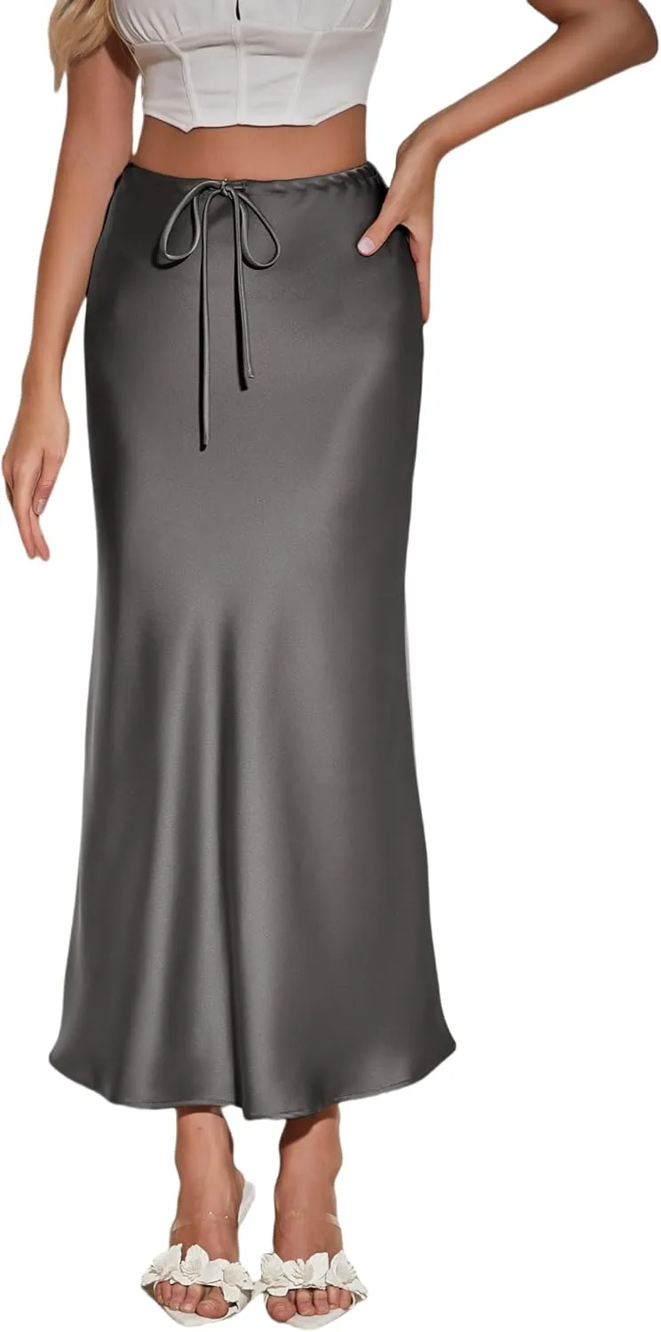 Womens Silk Satin Maxi Skirts Drawstring Flared Casual Elegant Work Skirts A-Line Long Skirt for Women
