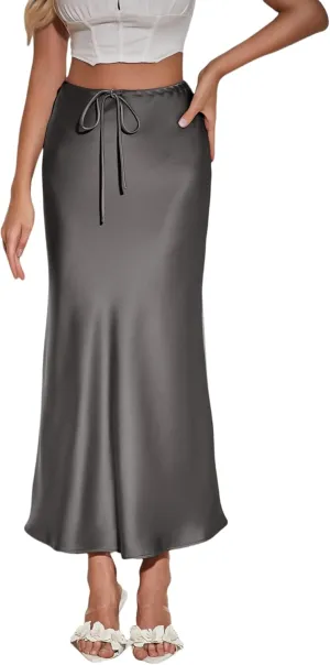 Womens Silk Satin Maxi Skirts Drawstring Flared Casual Elegant Work Skirts A-Line Long Skirt for Women