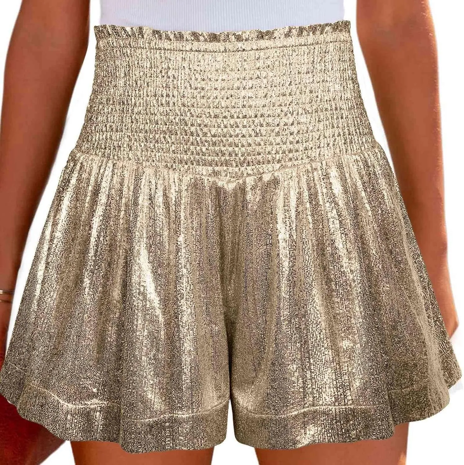 Women's Skirt Casual Loose and Elastic Waist Flash Shorts Metallic Fashion Pleated Waist Short High Skirt for
