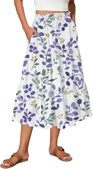 Women's Skirt 's 2025 Bohemian Ditzy Floral Printed Stretch Waist Midi Legth Skirt with Pockets, S-2XL