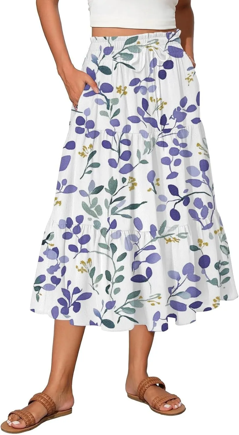 Women's Skirt 's 2025 Bohemian Ditzy Floral Printed Stretch Waist Midi Legth Skirt with Pockets, S-2XL