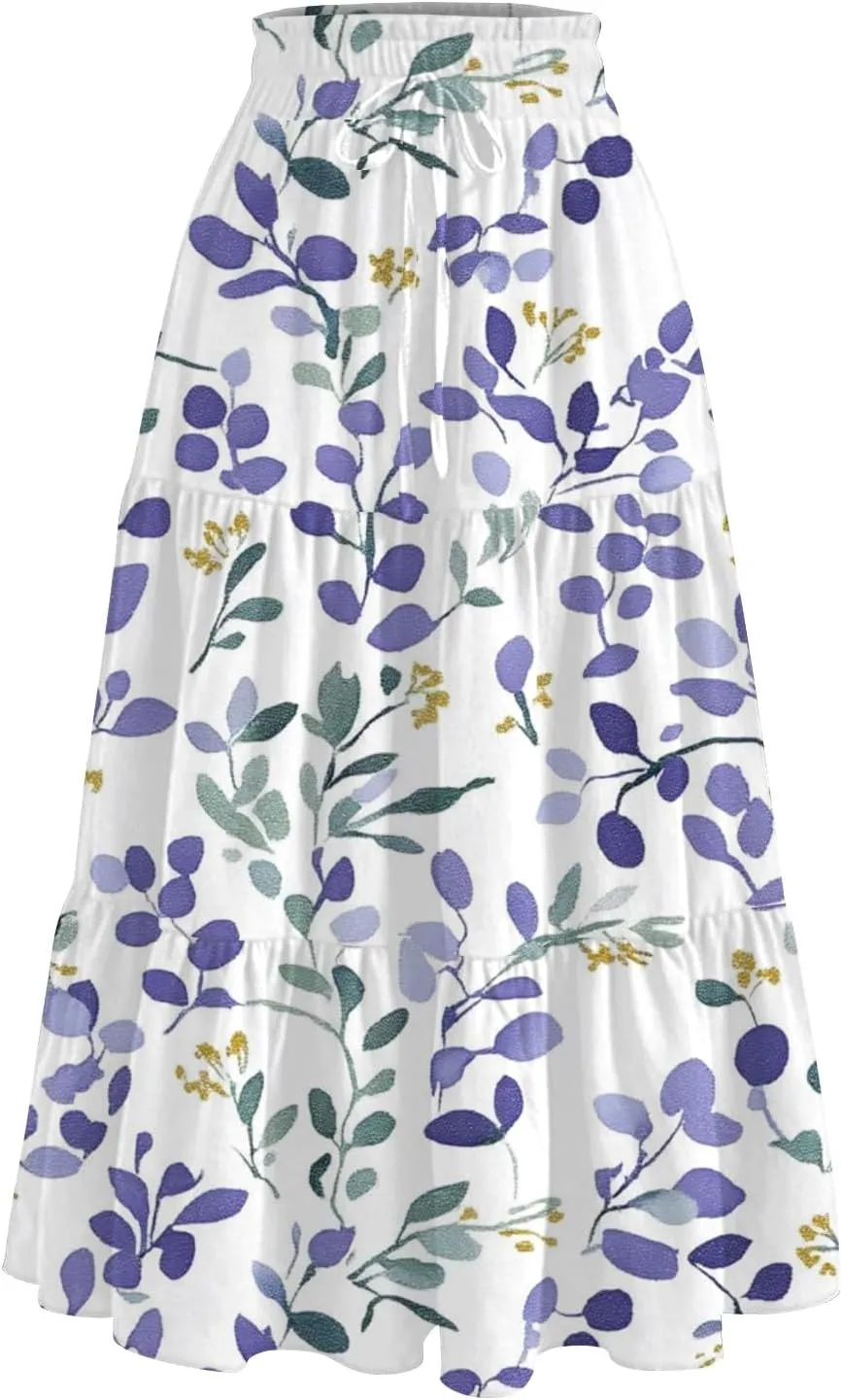 Women's Skirt 's 2025 Bohemian Ditzy Floral Printed Stretch Waist Midi Legth Skirt with Pockets, S-2XL