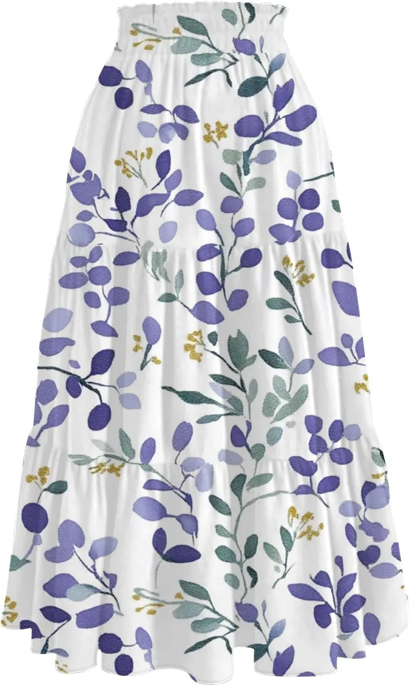 Women's Skirt 's 2025 Bohemian Ditzy Floral Printed Stretch Waist Midi Legth Skirt with Pockets, S-2XL