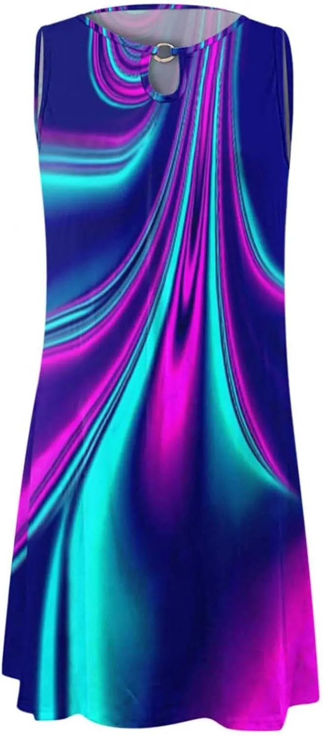 Women's Sleeveless Boho Tank Dress Cute Ruffle Flowy Beach Sundress Vacation Mini Dress Knee Length Maxi Dresses