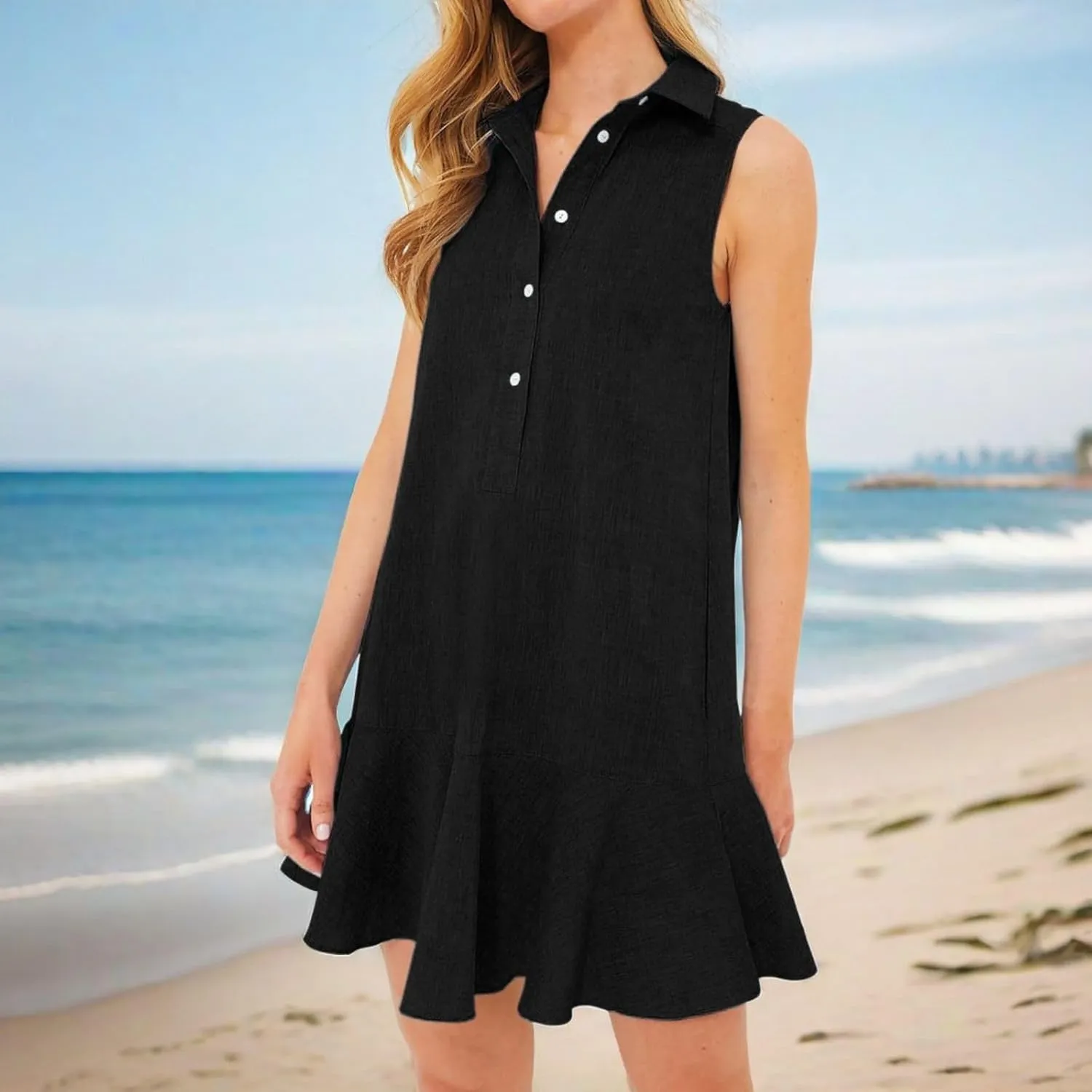 Womens Sleeveless Shirt Dress Lapel Half Nail Buckle Mini Dresses Ruffle Hem Summer Casual Beach Vacation Dress