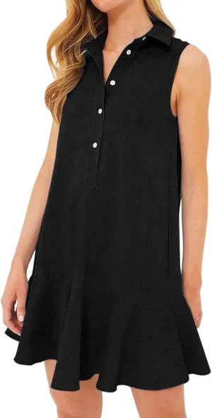 Womens Sleeveless Shirt Dress Lapel Half Nail Buckle Mini Dresses Ruffle Hem Summer Casual Beach Vacation Dress