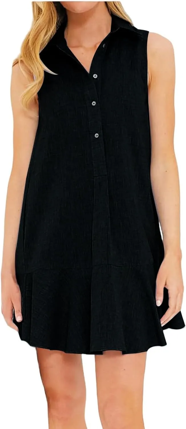 Womens Sleeveless Shirt Dress Lapel Half Nail Buckle Mini Dresses Ruffle Hem Summer Casual Beach Vacation Dress
