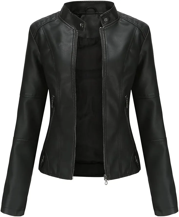 Women's slim fit leather Faux jacket,Women's Slim Stand-Up Solid Collar Color leather Faux jacket,Motorcycle Jacket