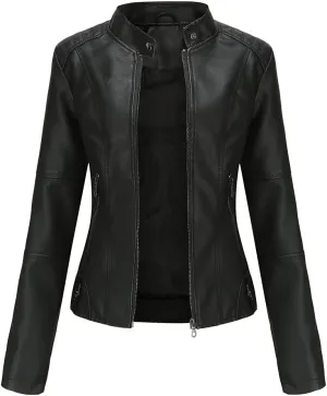 Women's slim fit leather Faux jacket,Women's Slim Stand-Up Solid Collar Color leather Faux jacket,Motorcycle Jacket