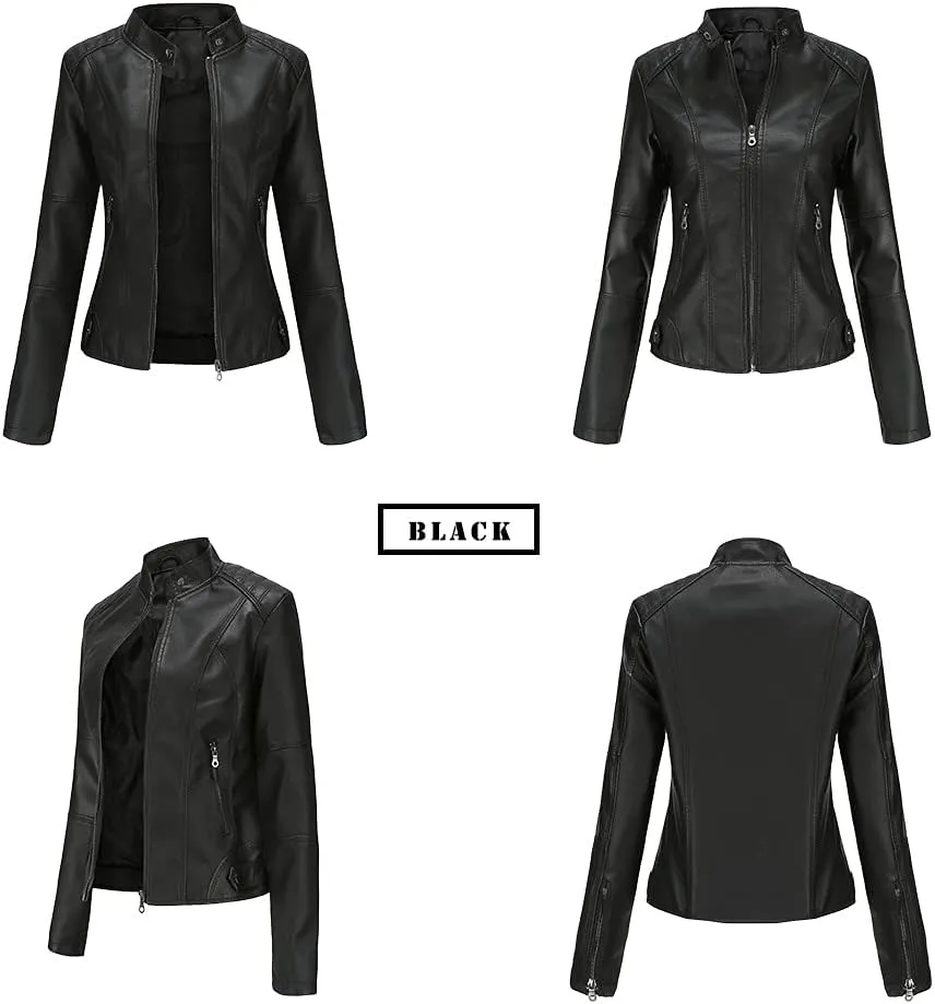 Women's slim fit leather Faux jacket,Women's Slim Stand-Up Solid Collar Color leather Faux jacket,Motorcycle Jacket