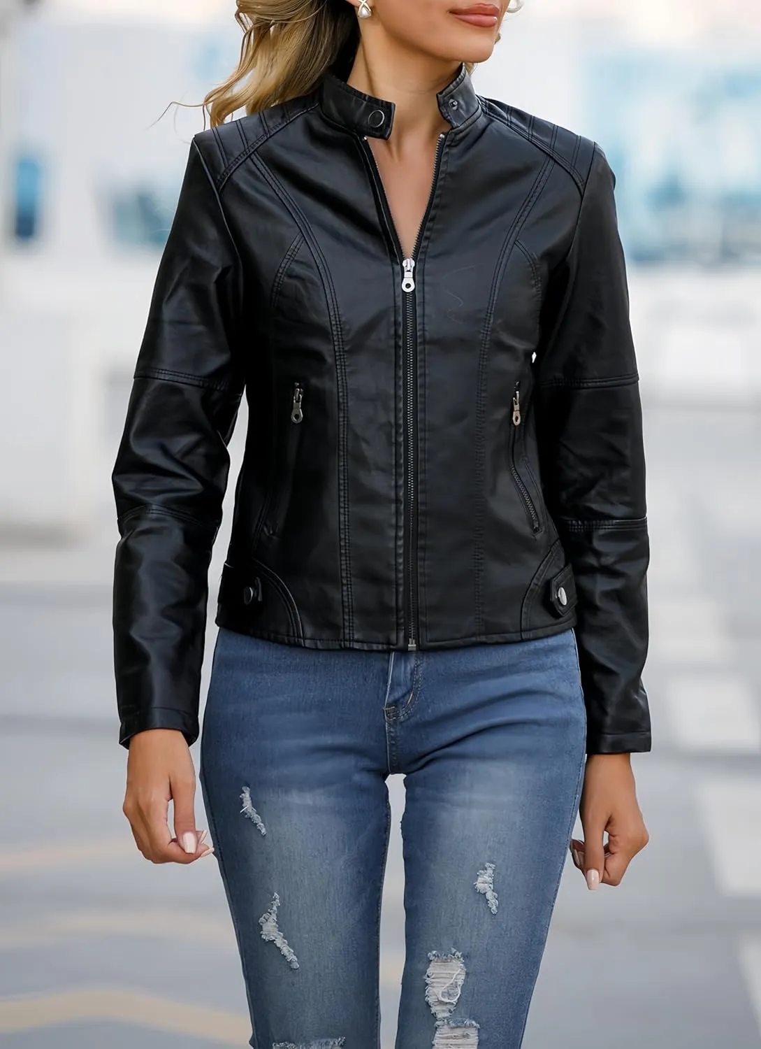 Women's slim fit leather Faux jacket,Women's Slim Stand-Up Solid Collar Color leather Faux jacket,Motorcycle Jacket