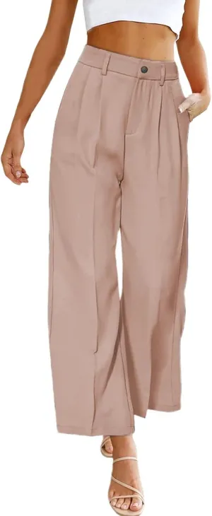 Women's Solid Casual Pocket Button High Waist Wide Leg Pants Casual Pants with Pockets
