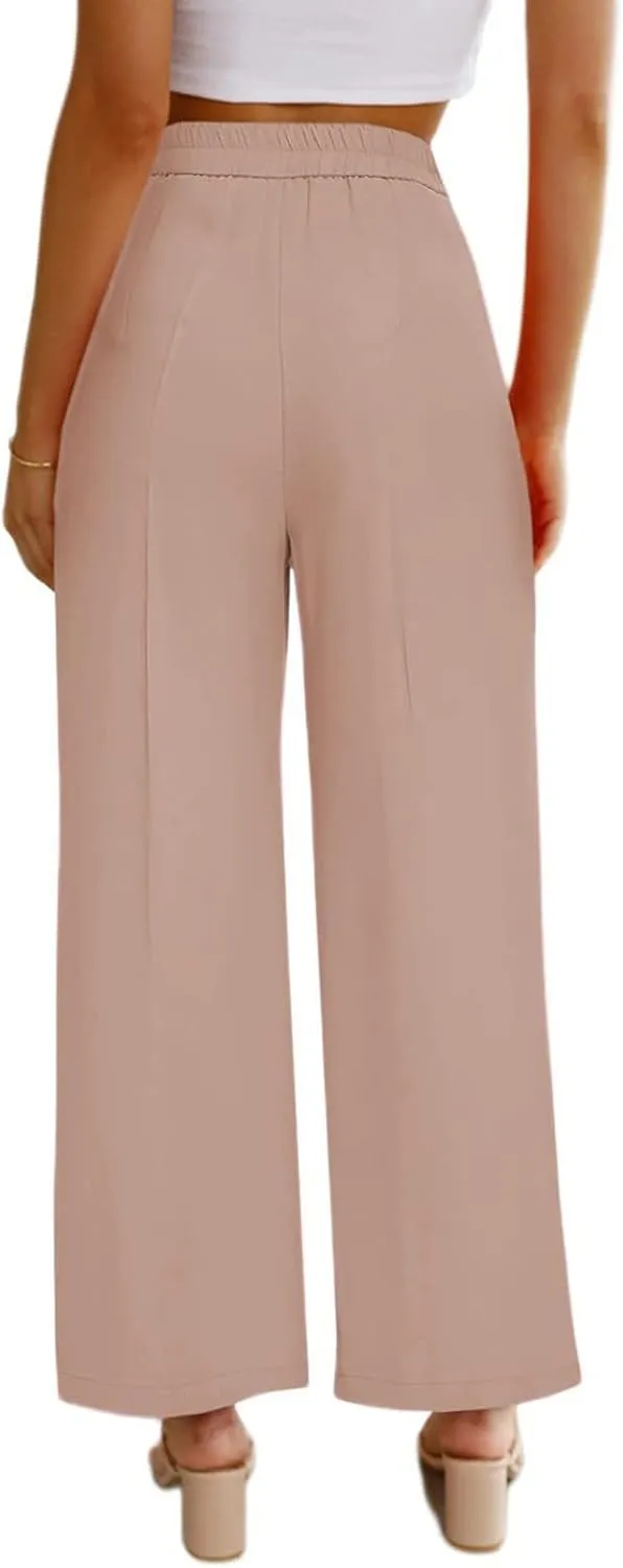 Women's Solid Casual Pocket Button High Waist Wide Leg Pants Casual Pants with Pockets