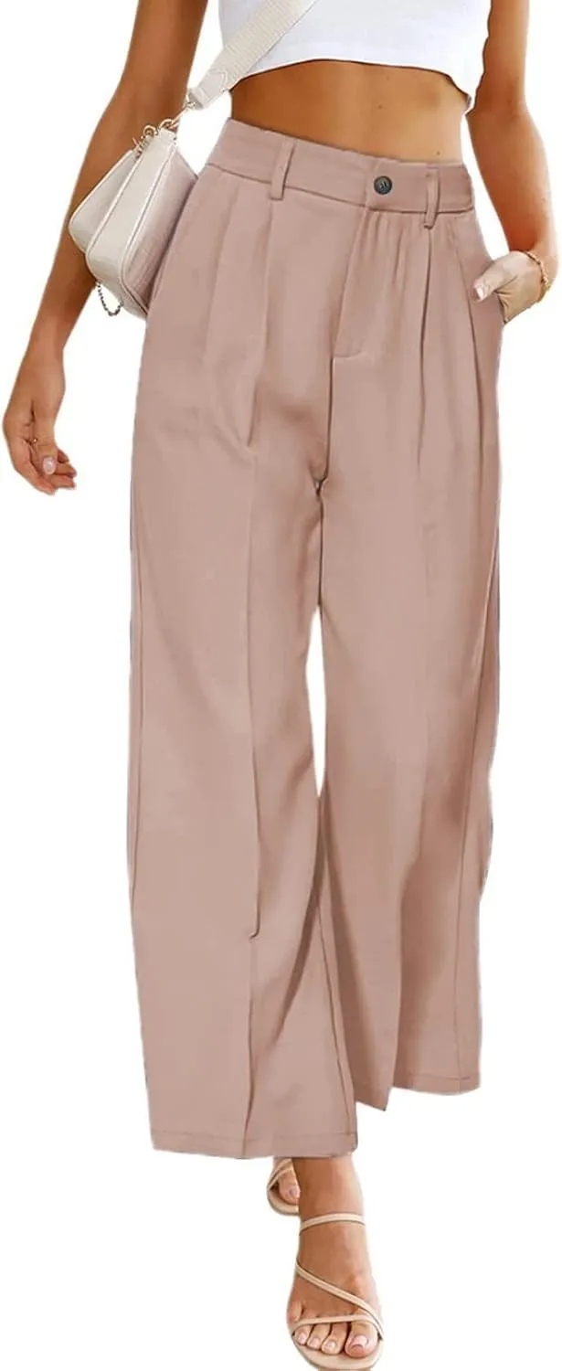 Women's Solid Casual Pocket Button High Waist Wide Leg Pants Casual Pants with Pockets