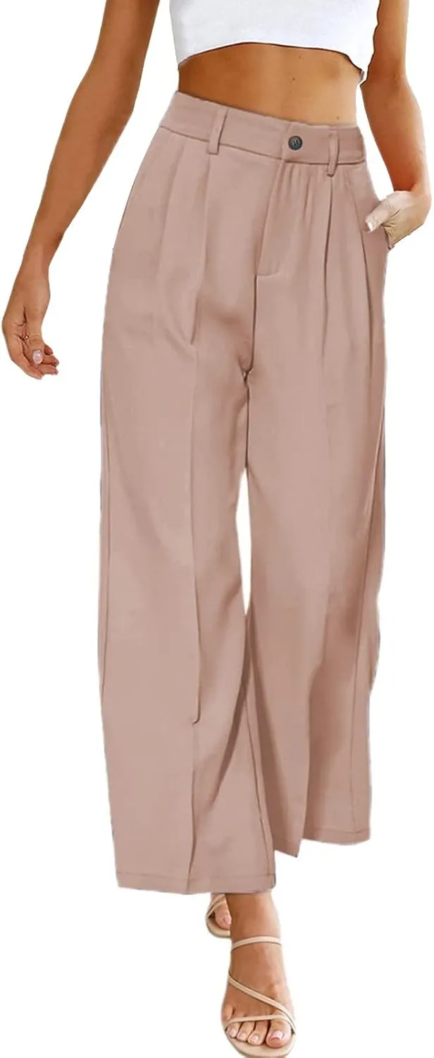Women's Solid Casual Pocket Button High Waist Wide Leg Pants Casual Pants with Pockets