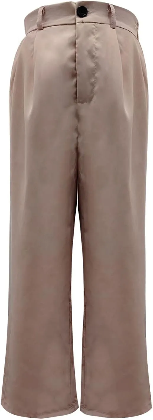 Women's Solid Casual Pocket Button High Waist Wide Leg Pants Casual Pants with Pockets