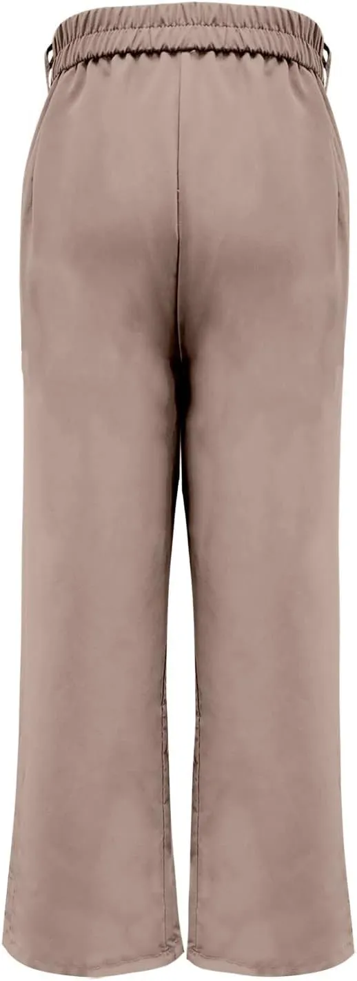 Women's Solid Casual Pocket Button High Waist Wide Leg Pants Casual Pants with Pockets
