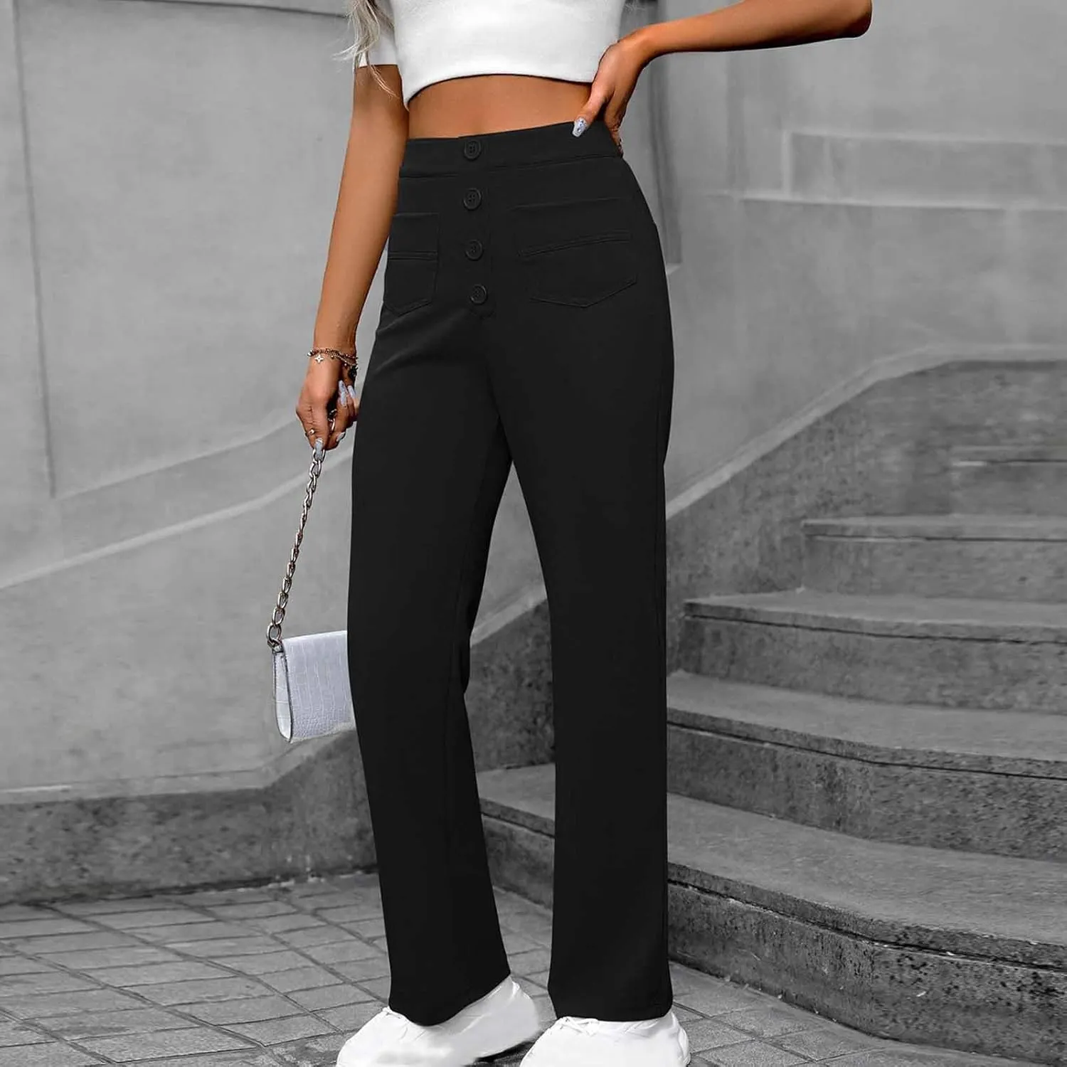 Women's Spring 2025 Pants Casual High Waist Straight Leg Pant Business Button Down Work Pants Trousers with Pockets