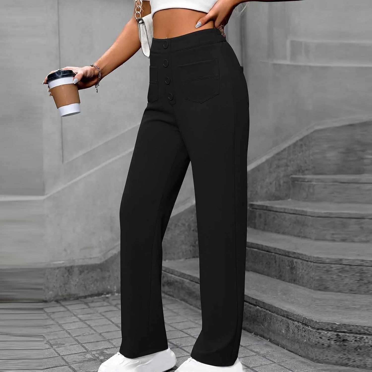 Women's Spring 2025 Pants Casual High Waist Straight Leg Pant Business Button Down Work Pants Trousers with Pockets