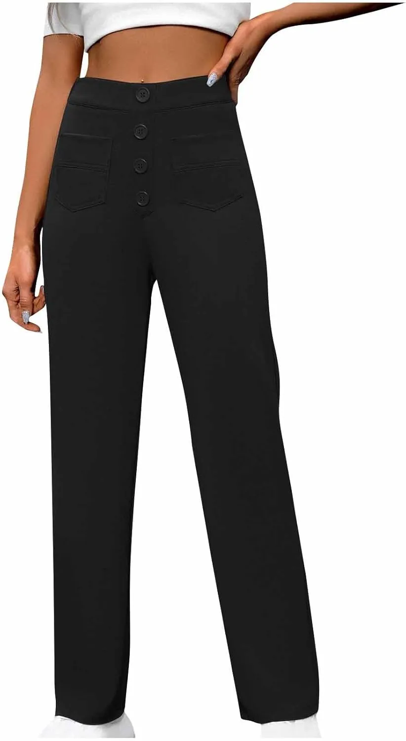 Women's Spring 2025 Pants Casual High Waist Straight Leg Pant Business Button Down Work Pants Trousers with Pockets
