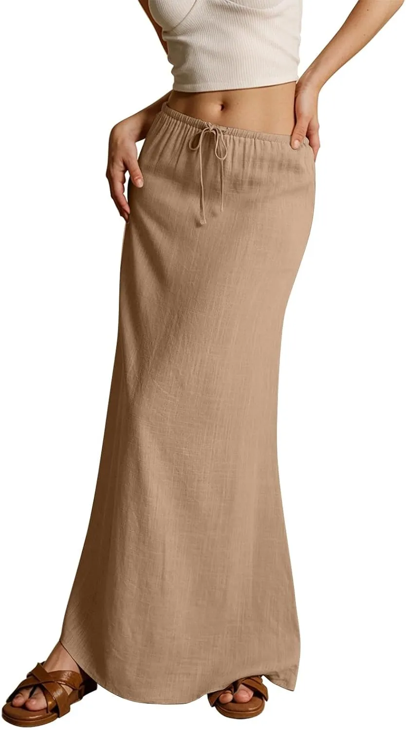 Womens Spring Skirt Cotton Linen Long Summer Casual Drawstring Low Waist Cotton Skirt Flowy Vacation Boho