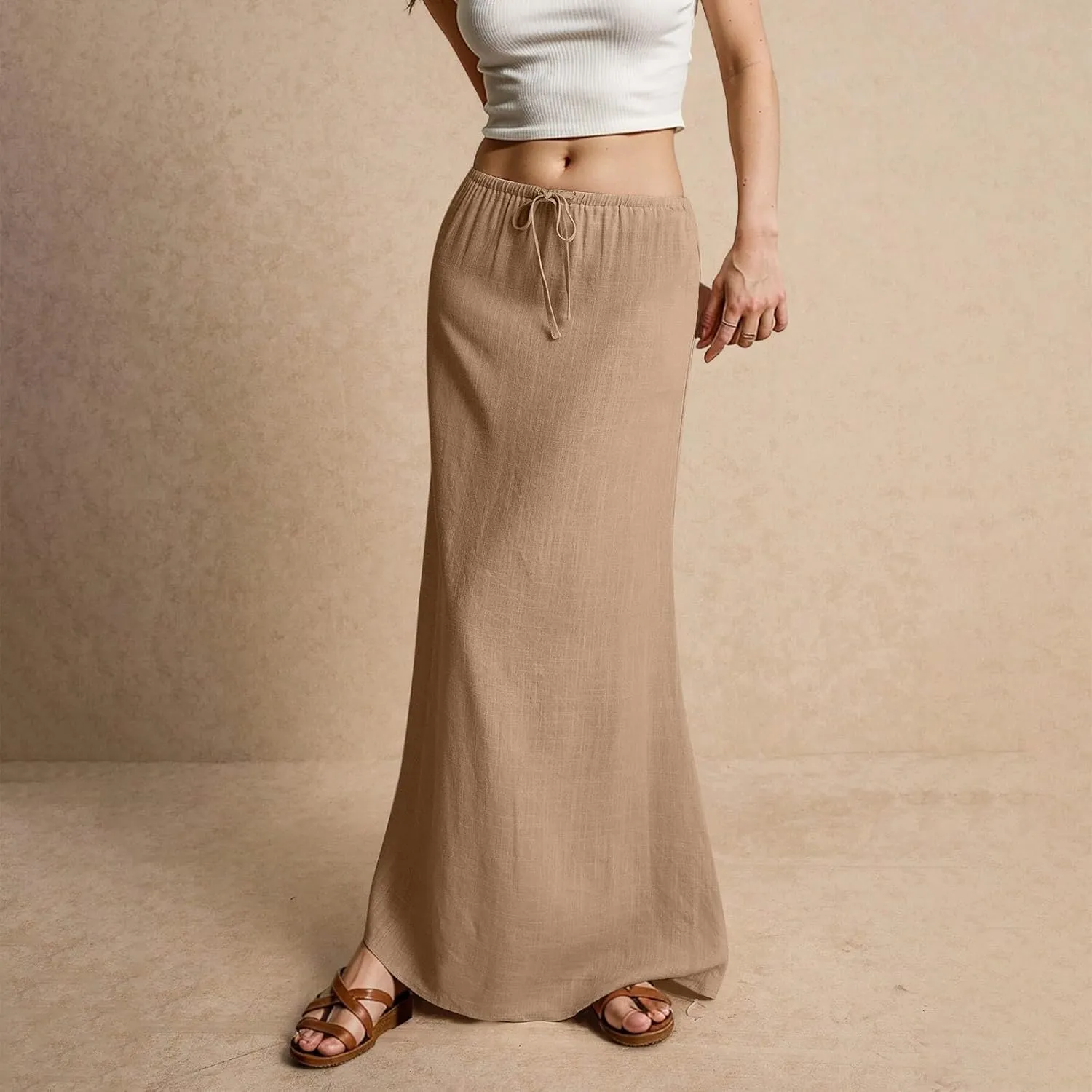Womens Spring Skirt Cotton Linen Long Summer Casual Drawstring Low Waist Cotton Skirt Flowy Vacation Boho