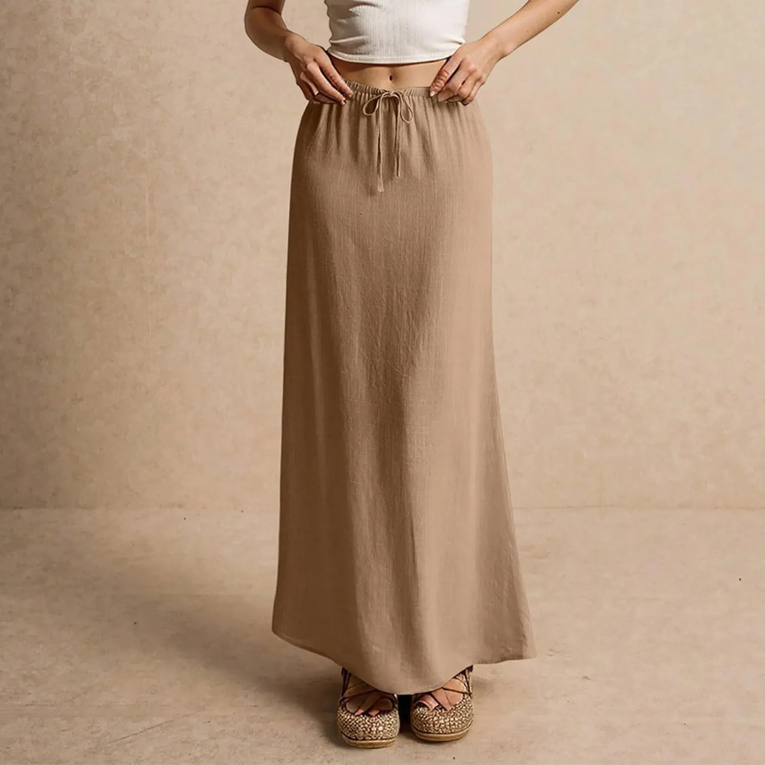 Womens Spring Skirt Cotton Linen Long Summer Casual Drawstring Low Waist Cotton Skirt Flowy Vacation Boho