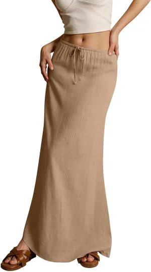 Womens Spring Skirt Cotton Linen Long Summer Casual Drawstring Low Waist Cotton Skirt Flowy Vacation Boho