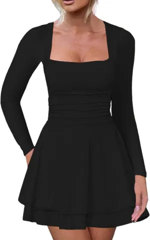 Women's Square Neck Ruffle Hem Mini Dress Ruched Waist Long Sleeve Corset Short Party Dresses 2025