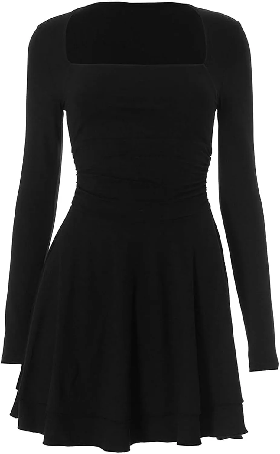 Women's Square Neck Ruffle Hem Mini Dress Ruched Waist Long Sleeve Corset Short Party Dresses 2025