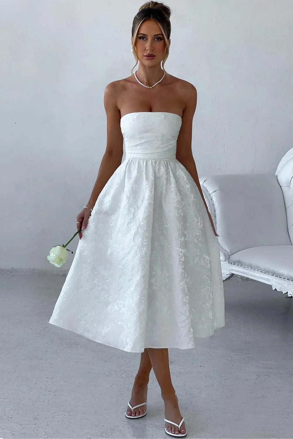 Women's Strapless Satin Prom Dresses 2024 A-line Floral Embroidery Midi Formal Evening Party Gown with Pockets