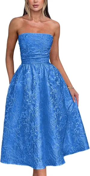 Women's Strapless Satin Prom Dresses 2024 A-line Floral Embroidery Midi Formal Evening Party Gown with Pockets