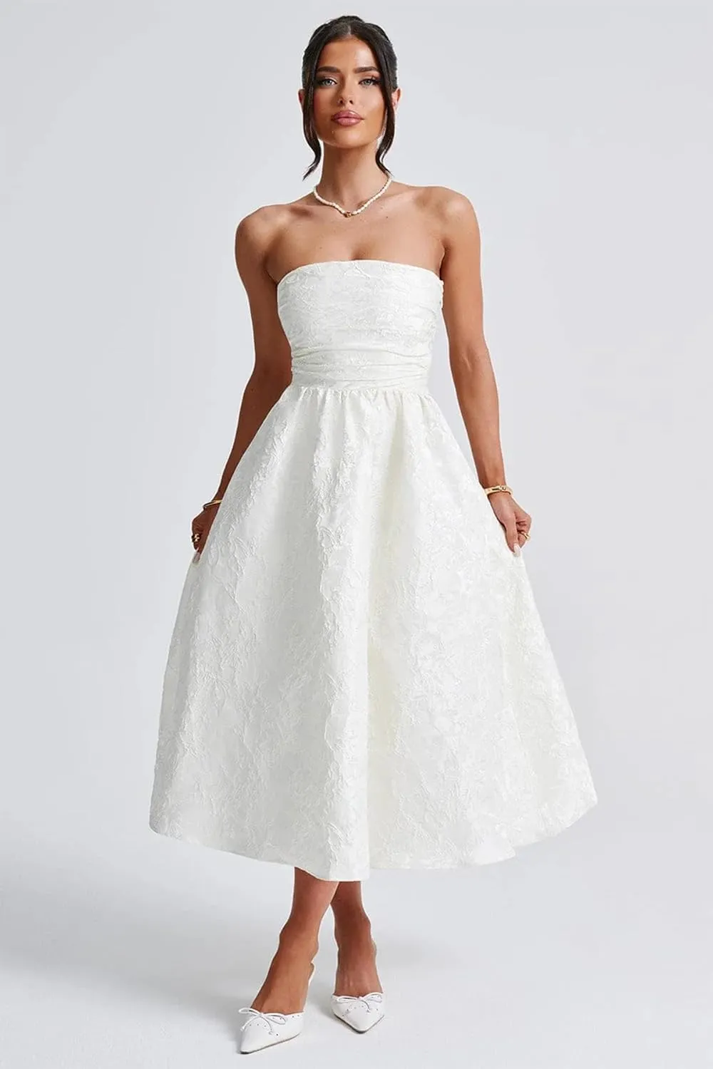 Women's Strapless Satin Prom Dresses 2024 A-line Floral Embroidery Midi Formal Evening Party Gown with Pockets