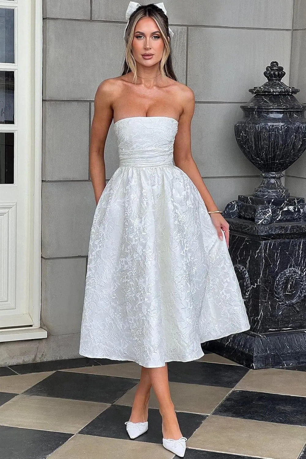Women's Strapless Satin Prom Dresses 2024 A-line Floral Embroidery Midi Formal Evening Party Gown with Pockets