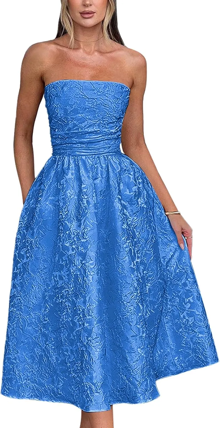 Women's Strapless Satin Prom Dresses 2024 A-line Floral Embroidery Midi Formal Evening Party Gown with Pockets