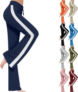 Women's Striped Wide Leg Pants High Waist Drawstring Yoga Pants Tummy Control Straight Leg Gym Workout Athletic Pants