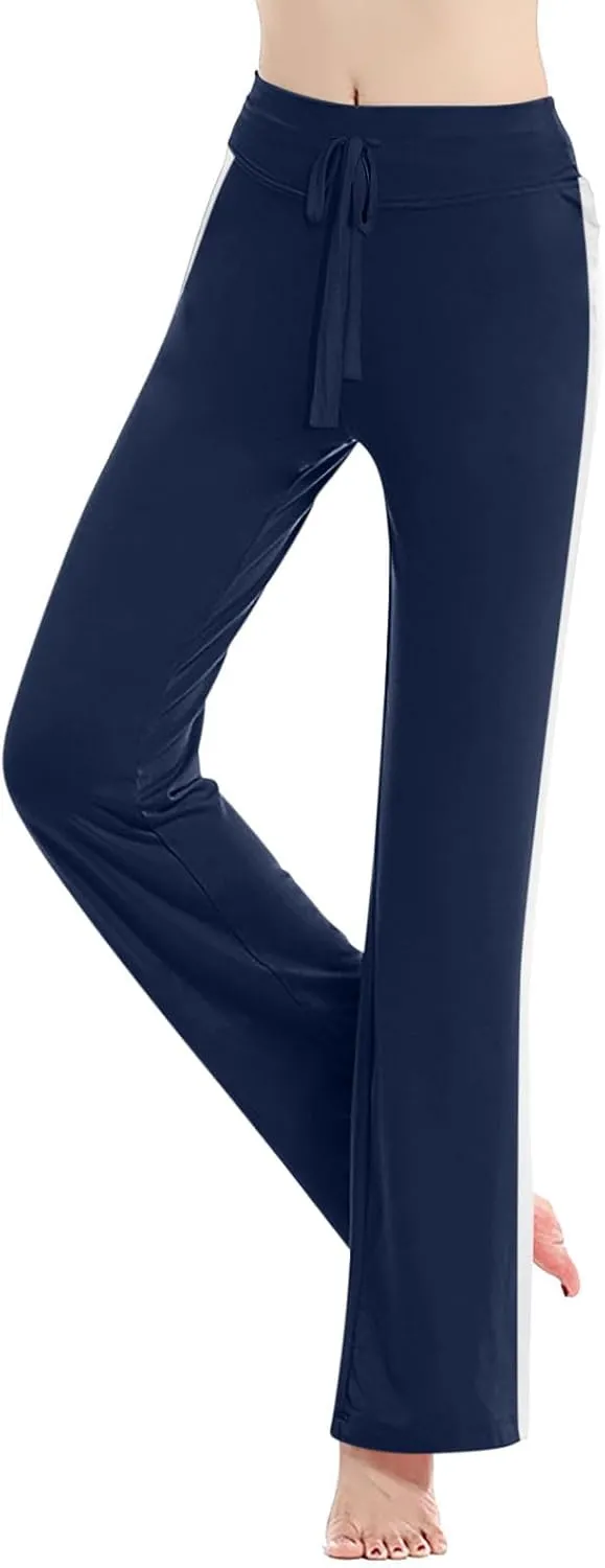 Women's Striped Wide Leg Pants High Waist Drawstring Yoga Pants Tummy Control Straight Leg Gym Workout Athletic Pants