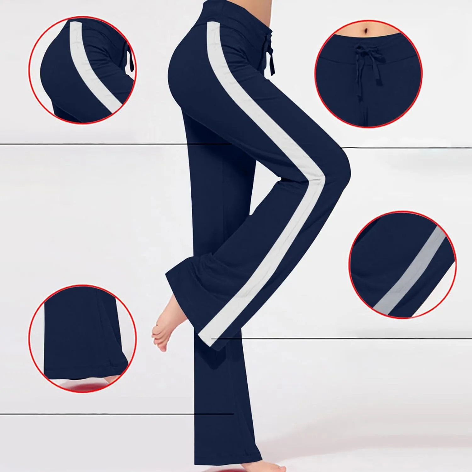Women's Striped Wide Leg Pants High Waist Drawstring Yoga Pants Tummy Control Straight Leg Gym Workout Athletic Pants