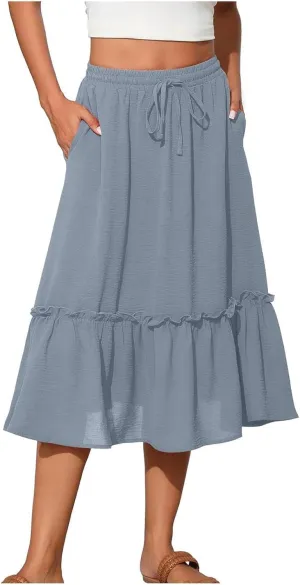 Womens Summer Beach Skirts Lace-Up Elastic Waist Fashion Solid Color A-Line Flowy Skirt Wrinkle Midi Skirts