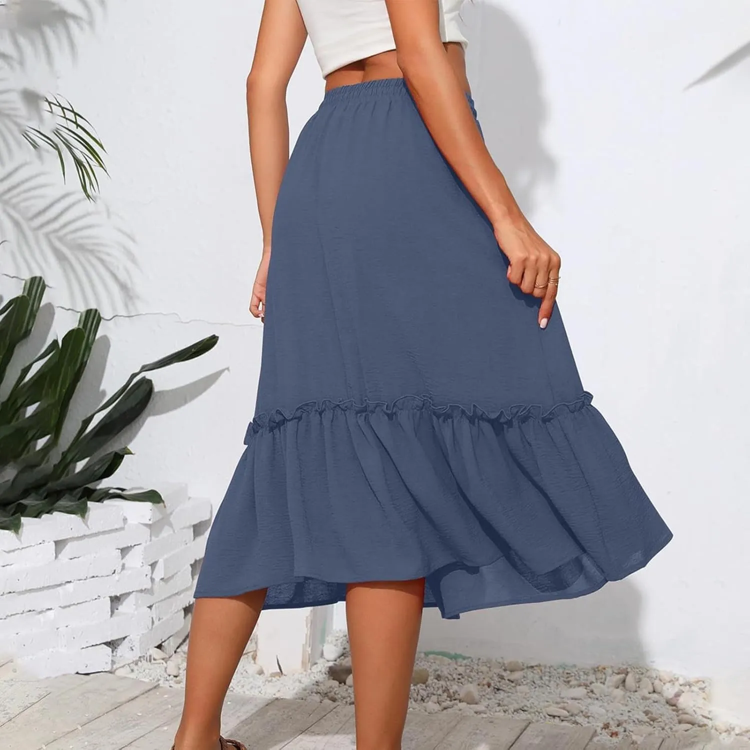 Womens Summer Beach Skirts Lace-Up Elastic Waist Fashion Solid Color A-Line Flowy Skirt Wrinkle Midi Skirts