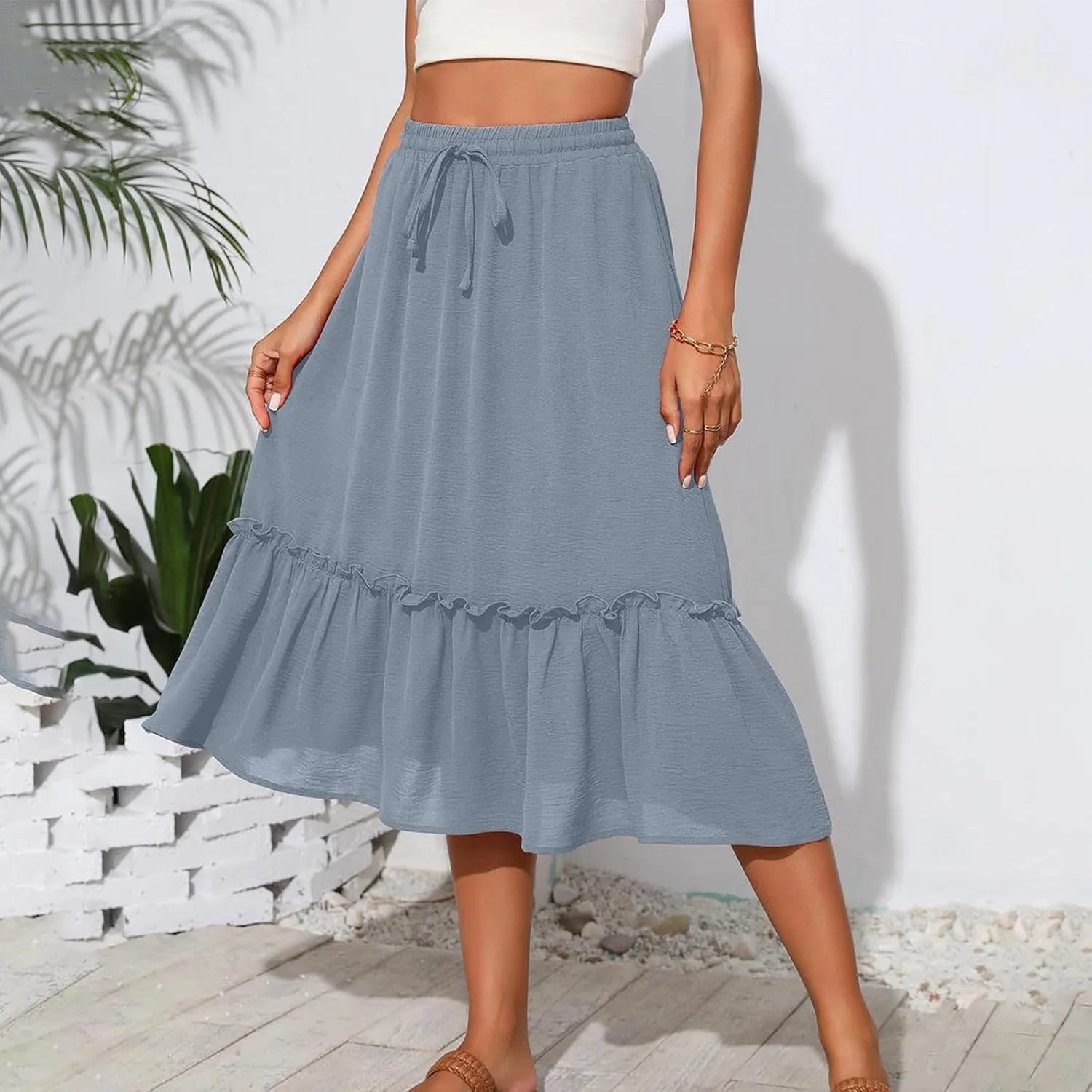 Womens Summer Beach Skirts Lace-Up Elastic Waist Fashion Solid Color A-Line Flowy Skirt Wrinkle Midi Skirts